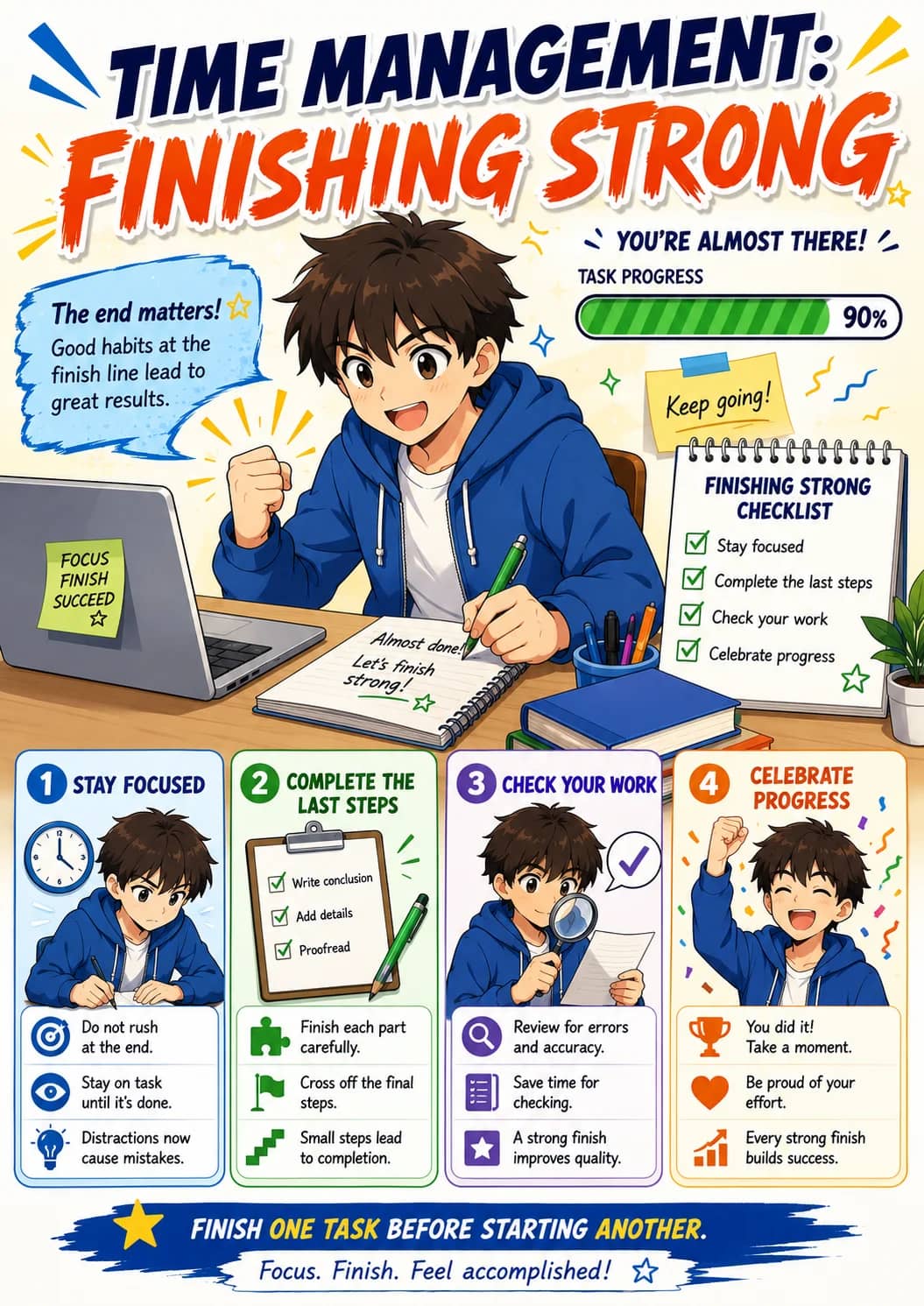 Time Management: Finishing Strong infographic poster showing YOU'RE ALMOST THERE!, TASK PROGRESS, 90%, The end matters! and Good habits at...