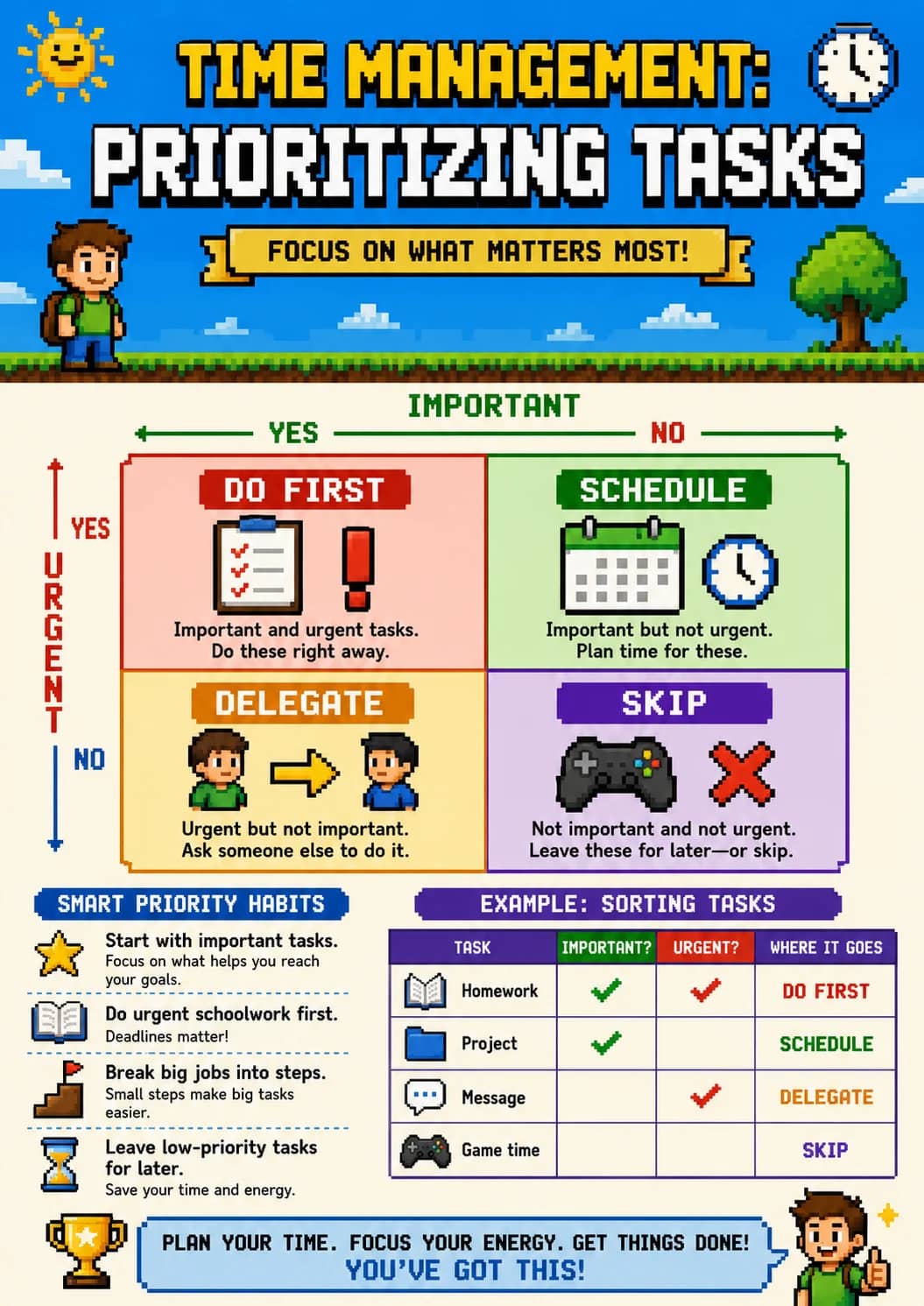 Time Management: Prioritizing Tasks infographic poster showing FOCUS ON WHAT MATTERS MOST!, YES, NO, DO FIRST and Important and urgent...