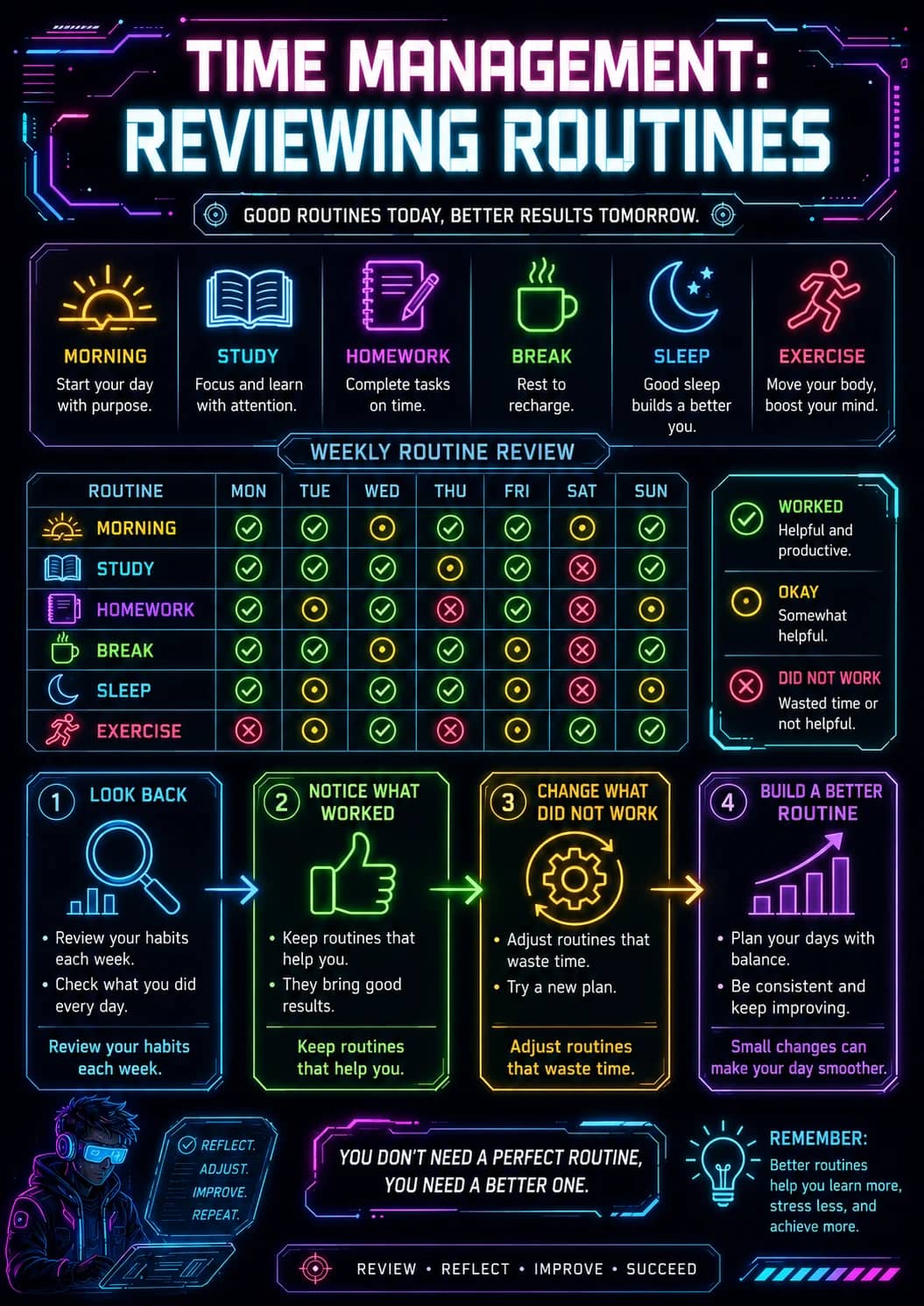 Time Management: Reviewing Routines infographic poster showing GOOD ROUTINES TODAY, BETTER RESULTS TOMORROW., MORNING, Start your day with...