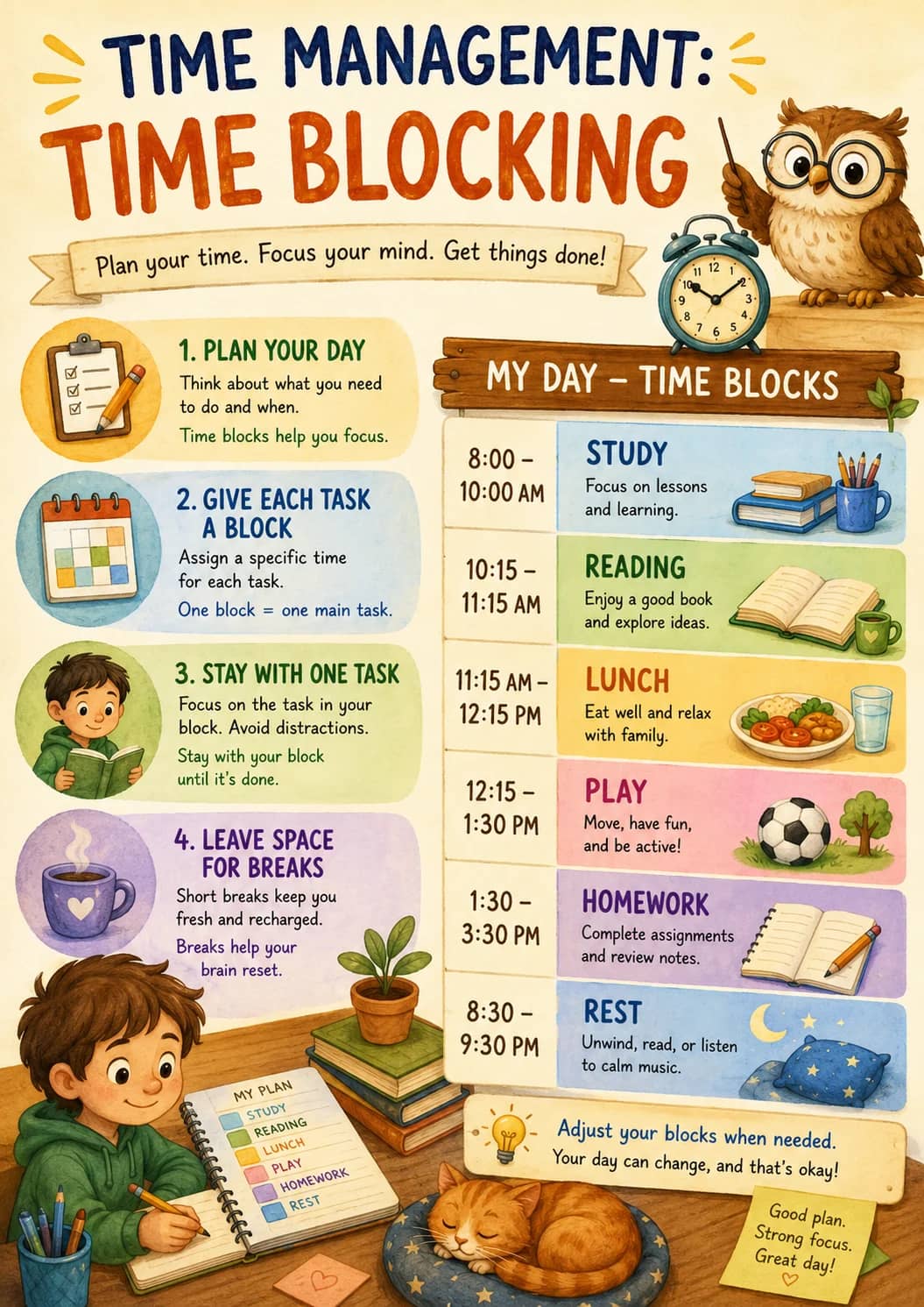 Time Management: Time Blocking infographic poster showing Plan your time. Focus your mind. Get things done!, 1. PLAN YOUR DAY, Think about...