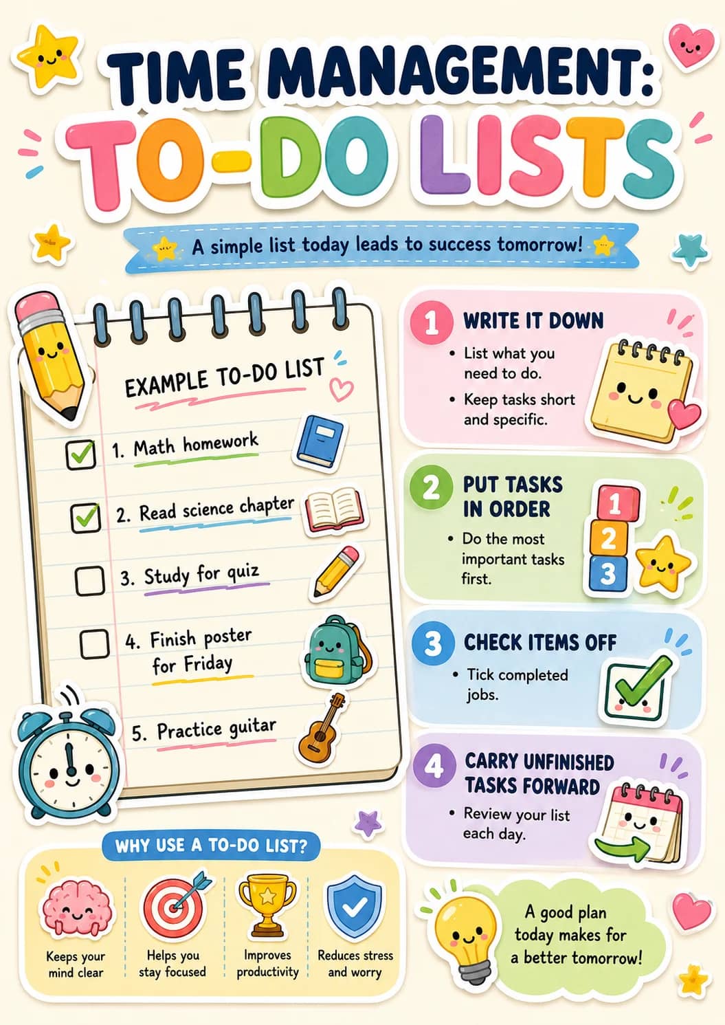 To-do lists infographic poster showing TIME MANAGEMENT:, A simple list today leads to success tomorrow!, EXAMPLE TO-DO LIST, 1. Math...