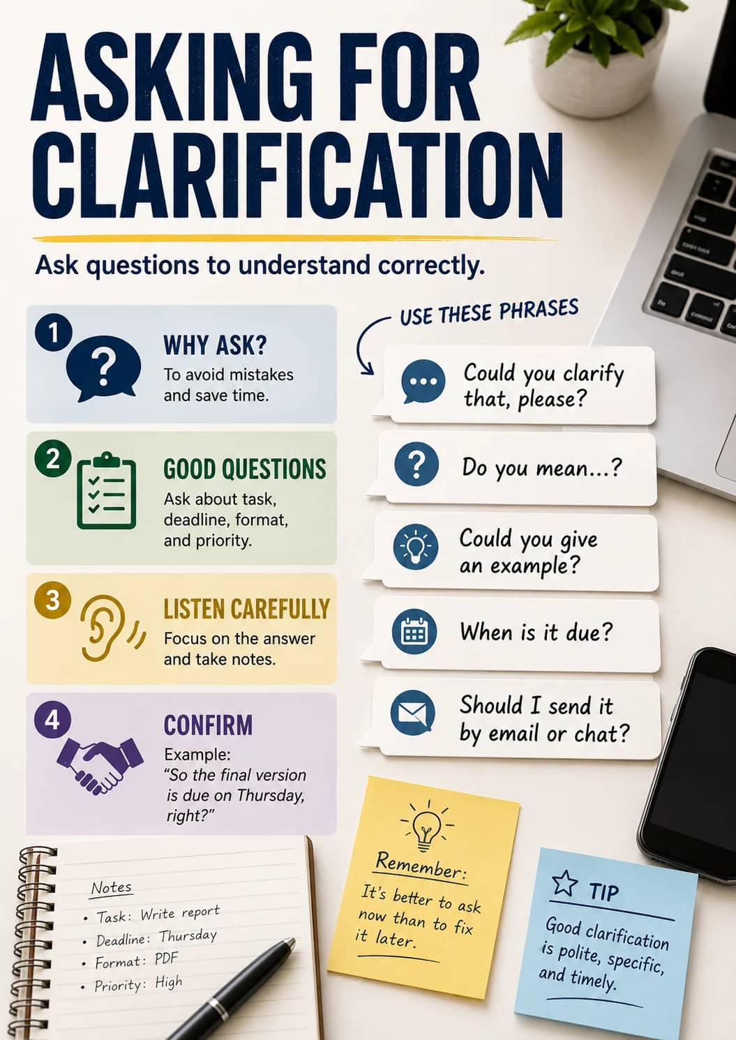 Asking for Clarification infographic poster showing Ask questions to understand correctly., WHY ASK?, To avoid mistakes and save time.,...