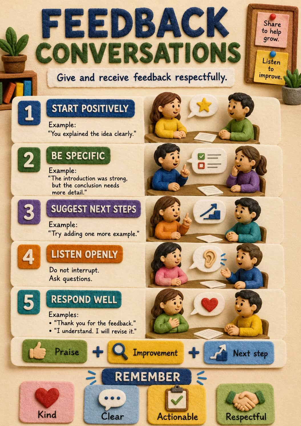 Feedback Conversations infographic poster showing Give and receive feedback respectfully., Share to help grow., Listen to improve., START...