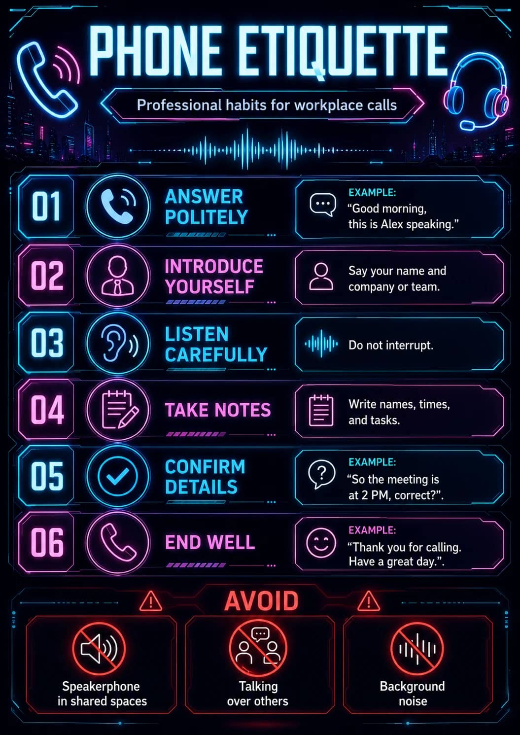 Phone Etiquette infographic poster showing Professional habits for workplace calls, 01, ANSWER, POLITELY and EXAMPLE: for Workplace...
