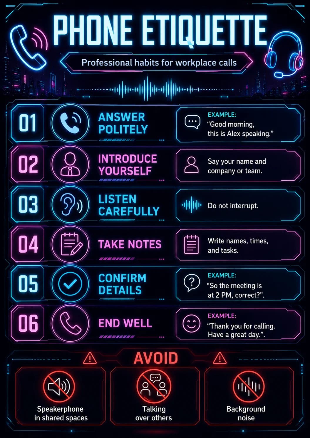 Phone Etiquette infographic poster showing Professional habits for workplace calls, 01, ANSWER, POLITELY and EXAMPLE: for Workplace...