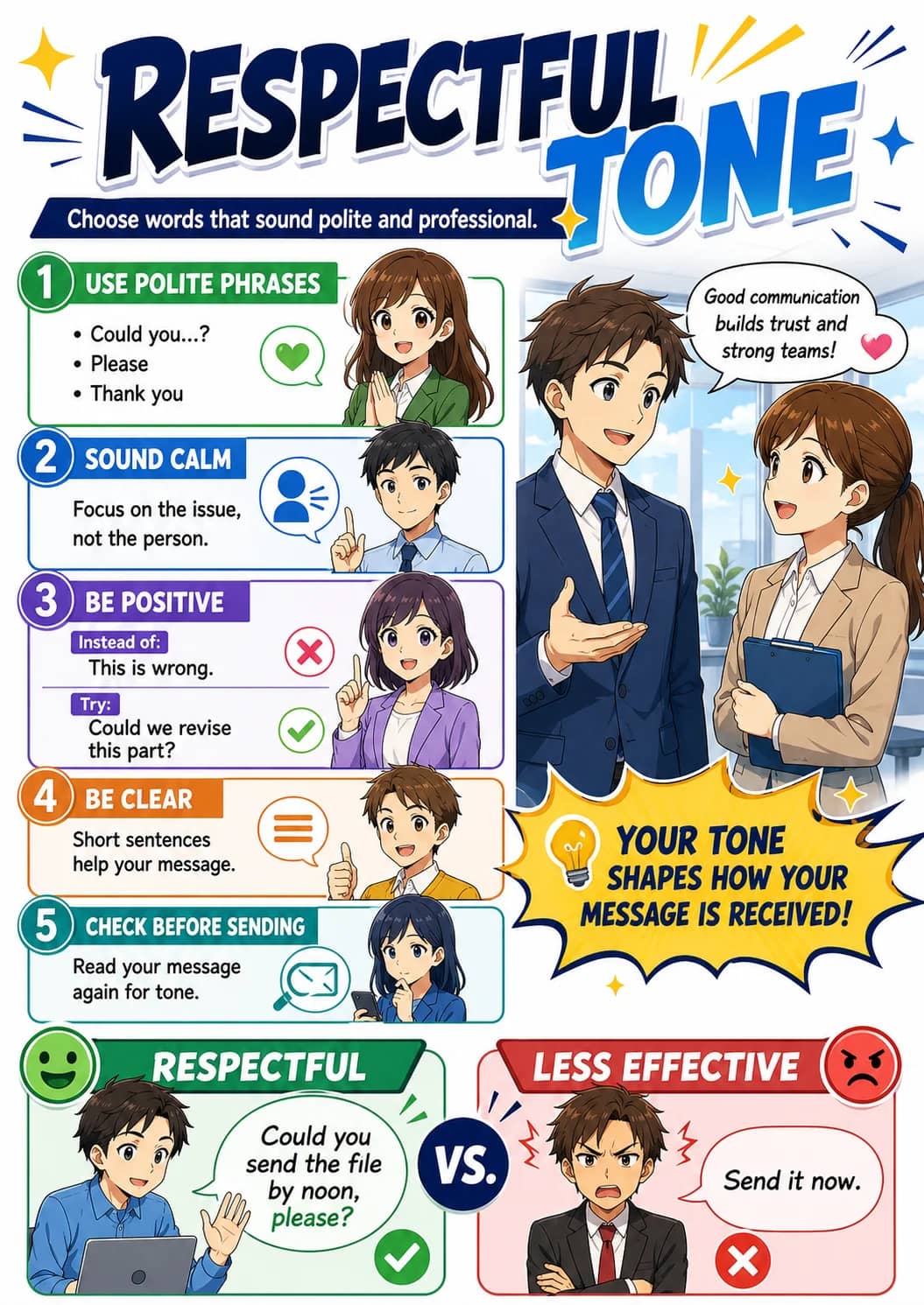 Respectful Tone infographic poster showing Choose words that sound polite and professional., 1 USE POLITE PHRASES, - Could you...?, -...