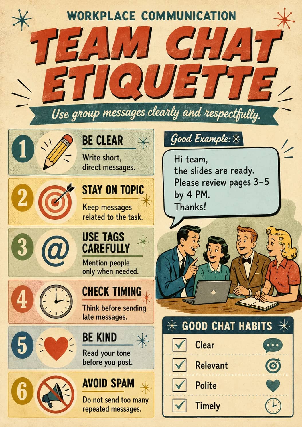 Team chat etiquette infographic poster showing Use group messages clearly and respectfully., BE CLEAR, Write short,, direct messages. and...