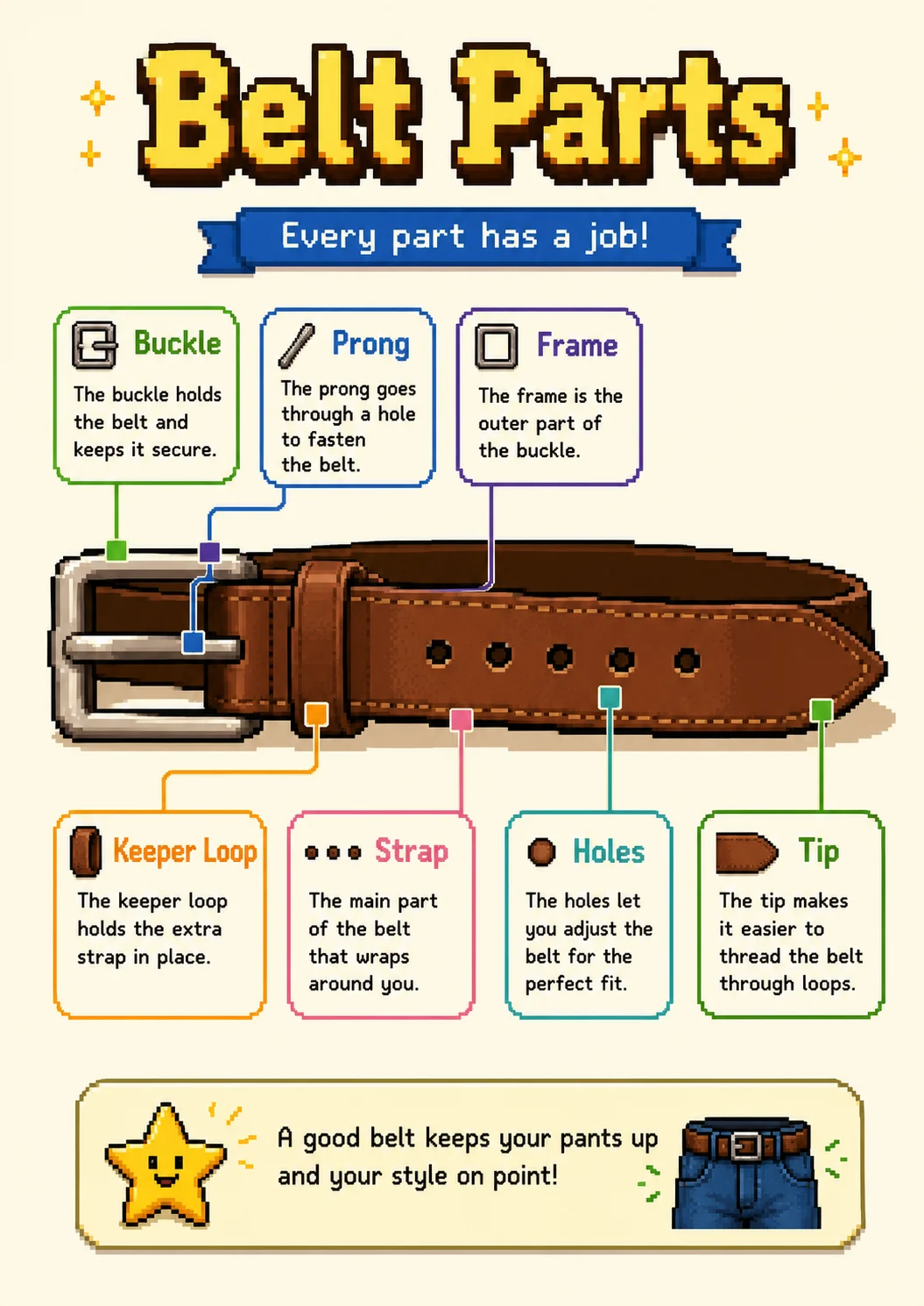 + Belt Parts + infographic poster showing Every part has a job!, Buckle, The buckle holds the belt and keeps it secure., Prong and The...