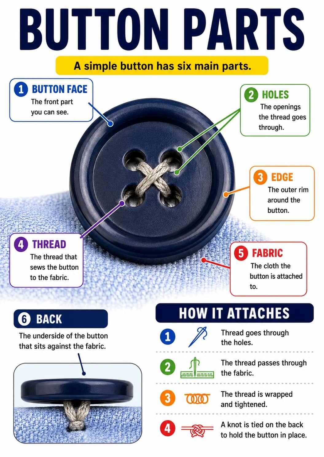 Button Parts infographic poster showing A simple button has six main parts., 1 BUTTON FACE, The front part you can see., 2 HOLES and The...