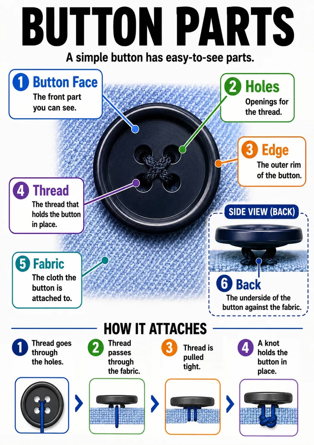 Button parts infographic poster showing A simple button has easy-to-see parts., 1 Button Face, The front part you can see., 2 Holes and...