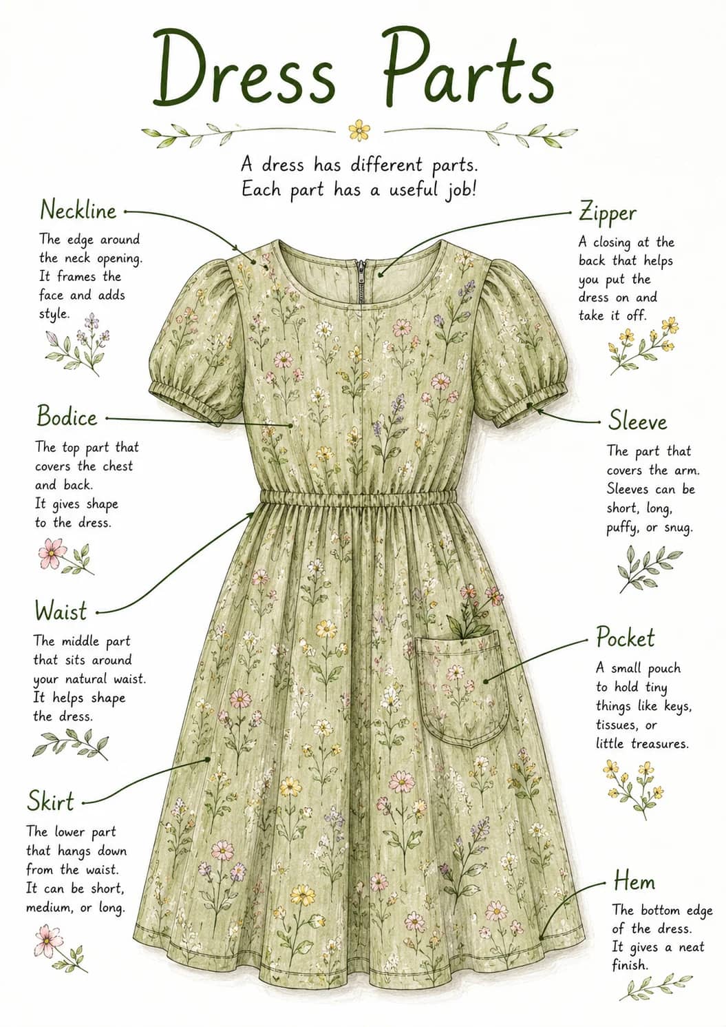 Dress parts infographic poster showing A dress has different parts., Each part has a useful job!, Neckline, The edge around and the neck...