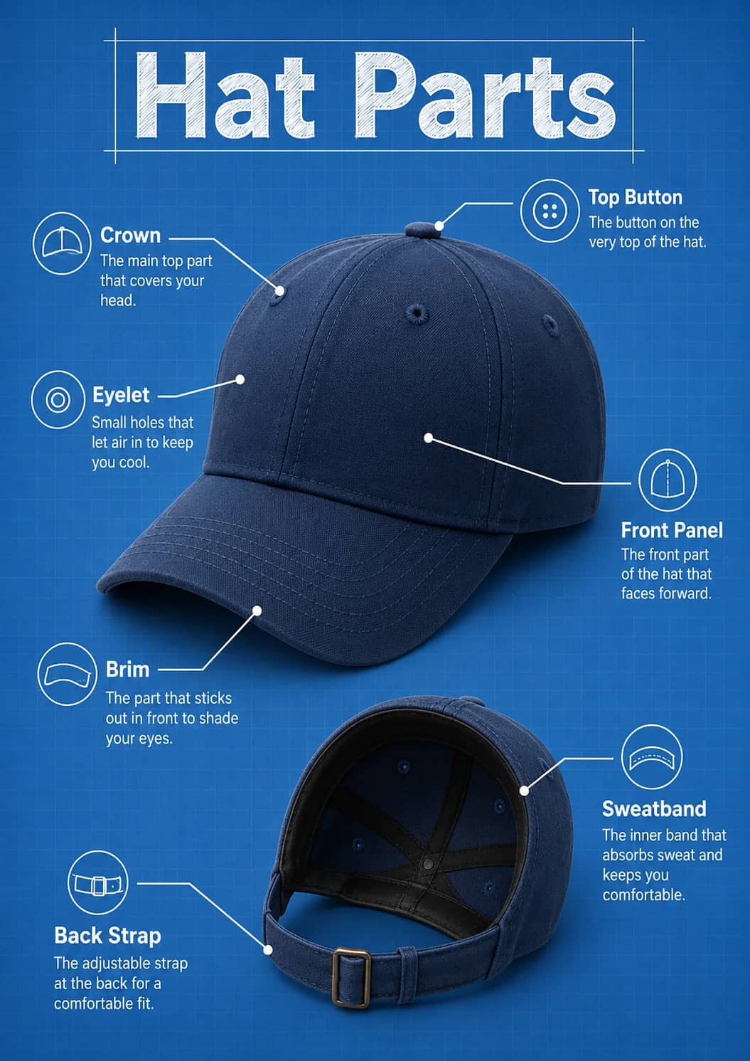 Hat parts infographic poster showing Hat Parts for Clothing Items.