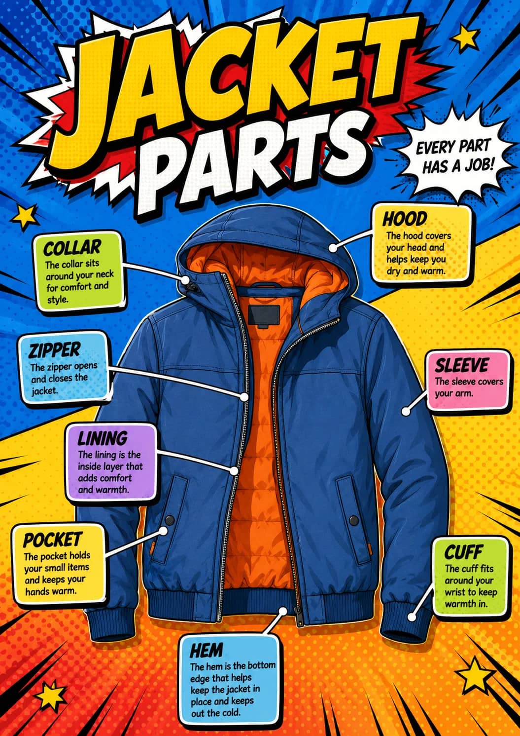 Jacket parts infographic poster showing EVERY PART HAS A JOB!, COLLAR, The collar sits around your neck for comfort and style., ZIPPER and...