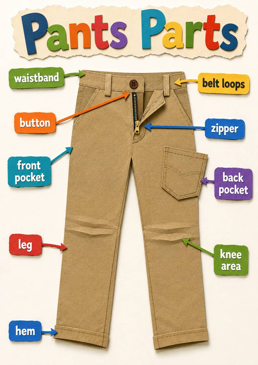 Pants Parts infographic poster showing Pants Parts for Clothing Items.