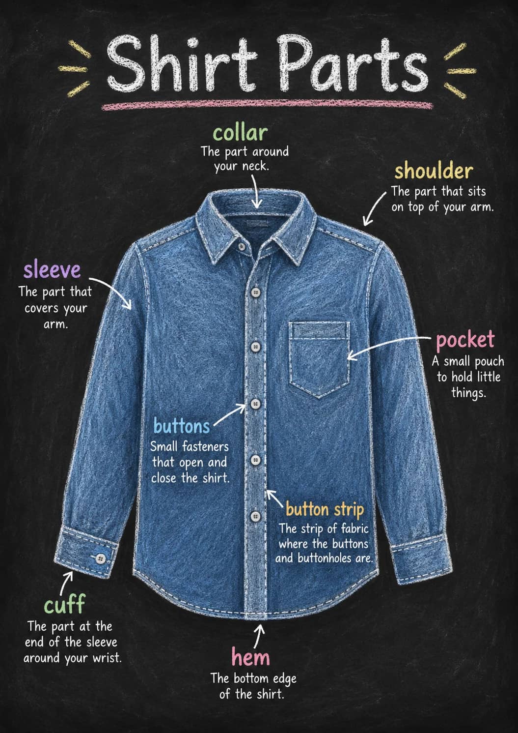 Shirt Parts infographic poster showing Shirt Parts for Clothing Items.