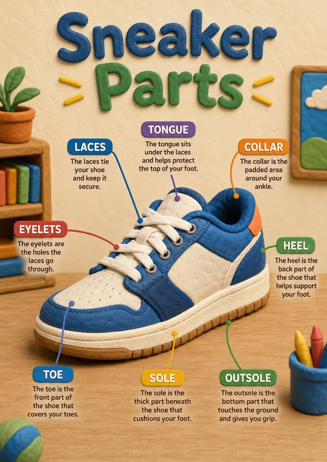 Sneaker parts infographic poster showing LACES, The laces tie your shoe and keep it secure., TONGUE, The tongue sits under the laces and...