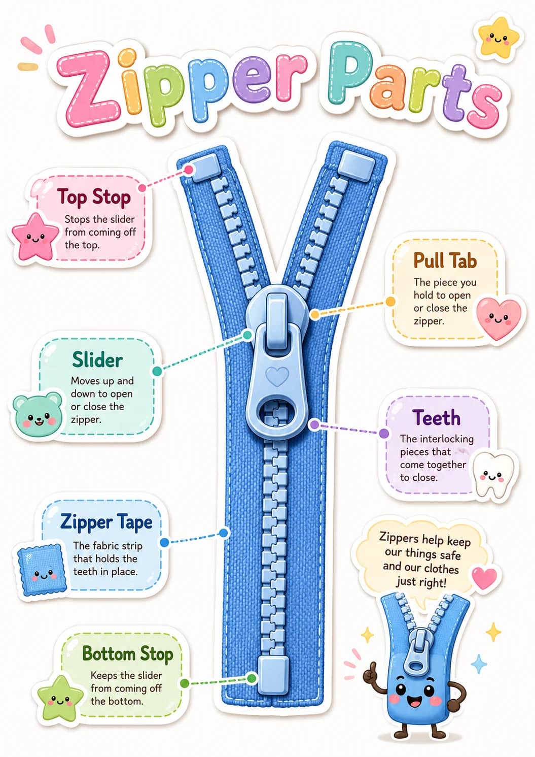 Zipper Parts infographic poster showing Zipper Parts for Clothing Items.