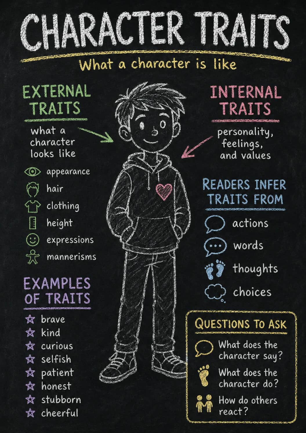 Character traits infographic poster showing What a character is like, EXTERNAL TRAITS, what a character looks like, appearance and hair...