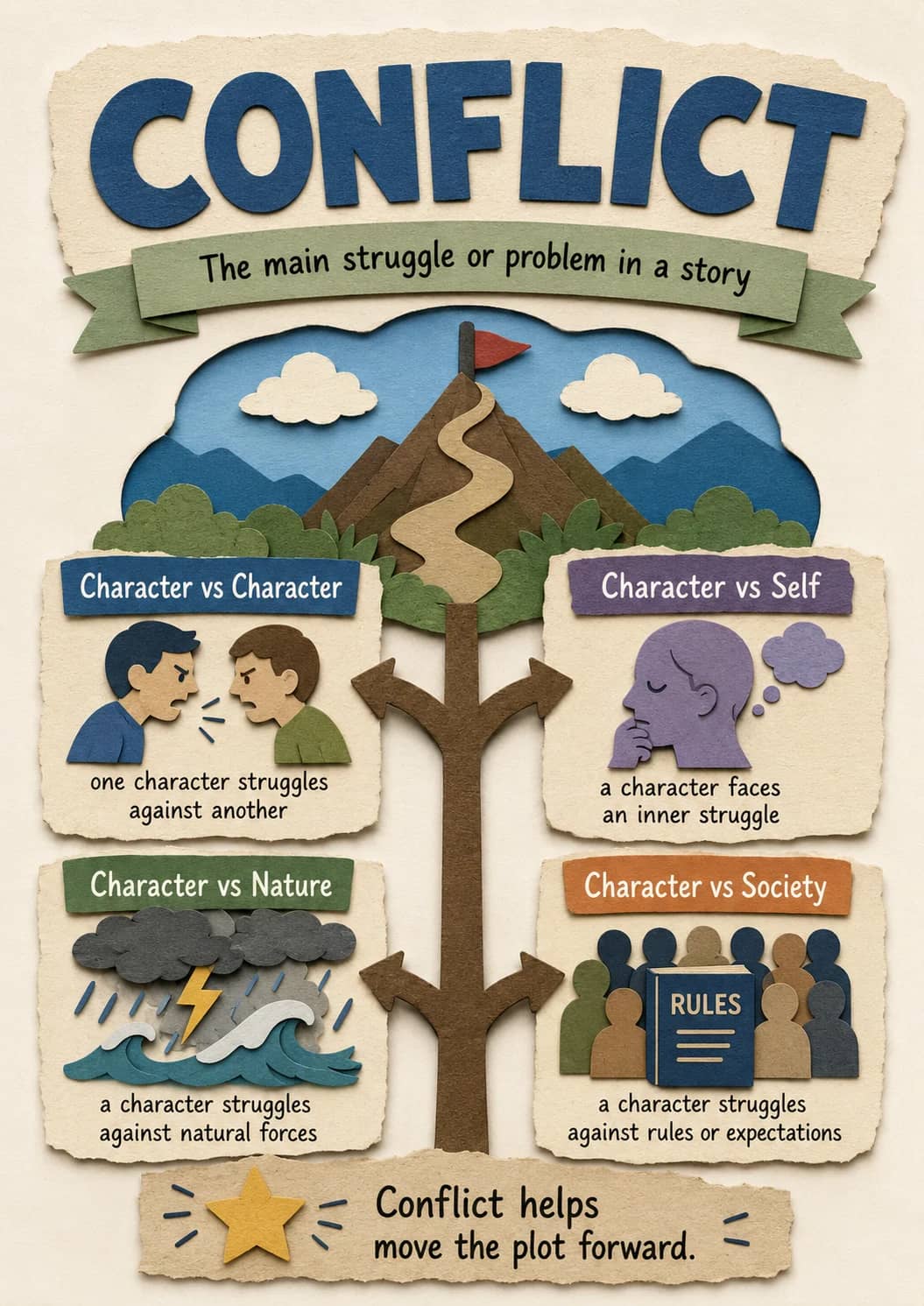 Conflict infographic poster showing The main struggle or problem in a story, Character vs Character, one character struggles, against...