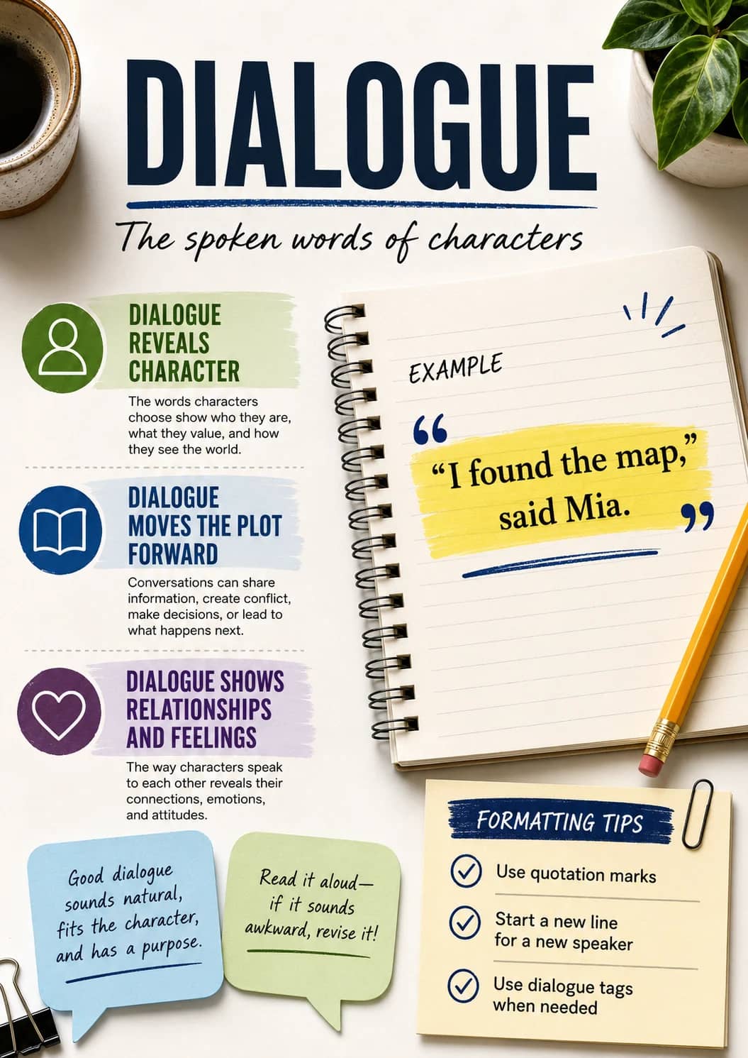 Dialogue infographic poster showing The spoken words of characters, DIALOGUE REVEALS CHARACTER, DIALOGUE MOVES THE PLOT FORWARD, DIALOGUE...