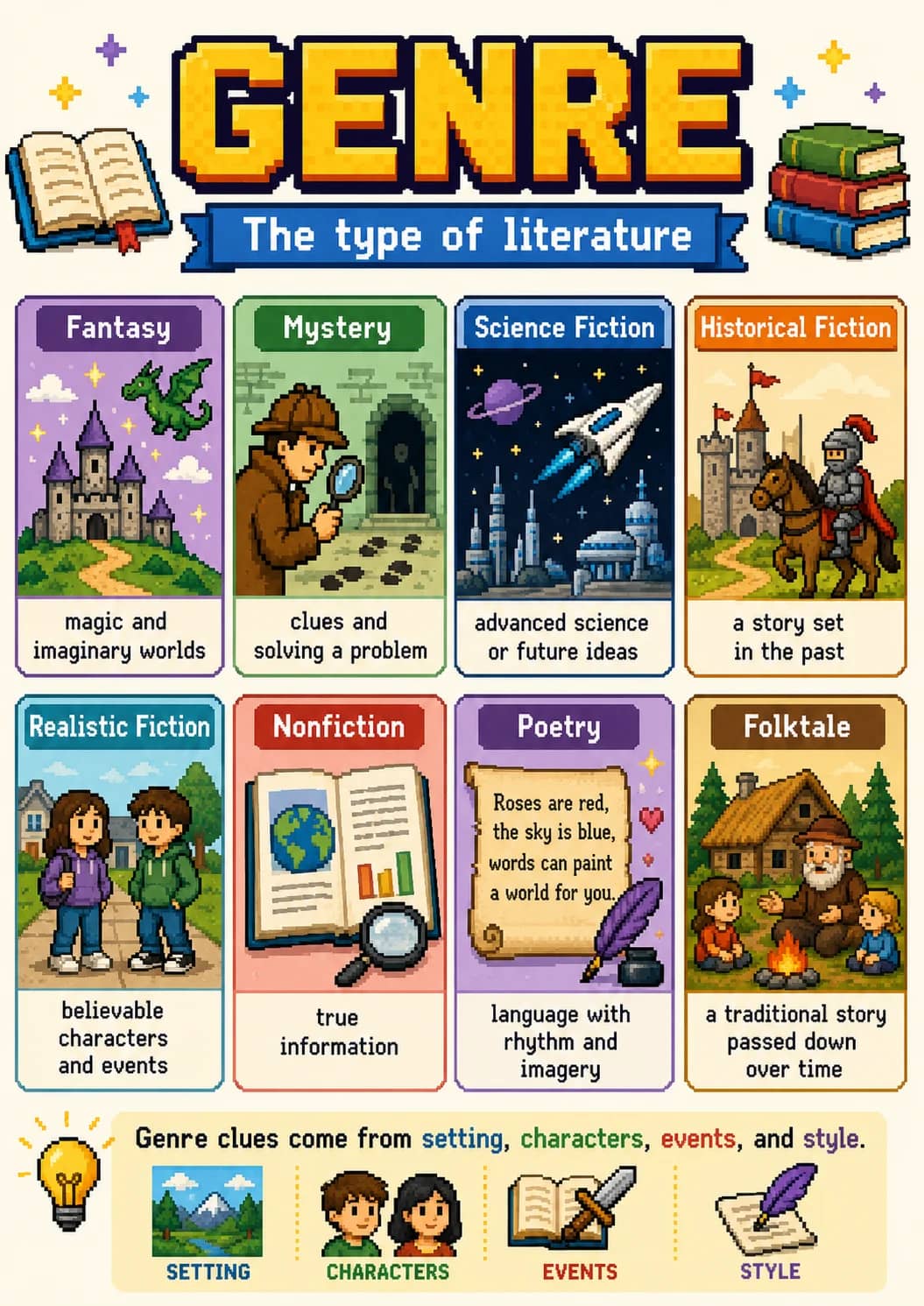 Genre infographic poster showing The type of literature, Fantasy, magic and, imaginary worlds and Mystery for Literary Elements.