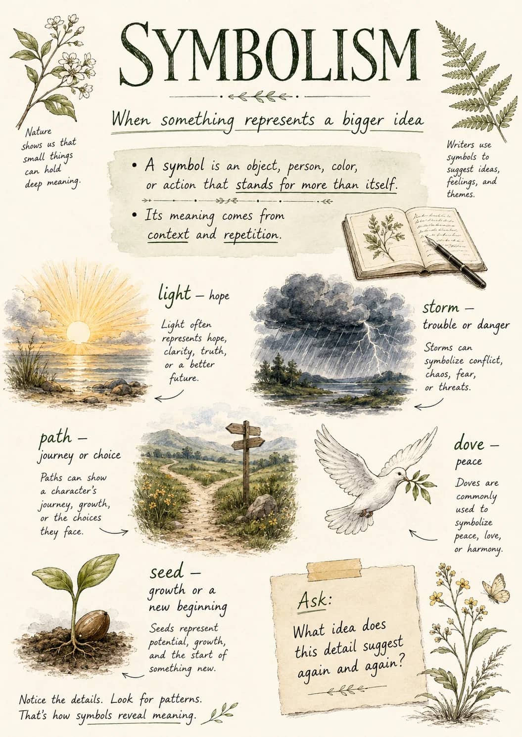 Nature infographic poster showing shows us that, small things, can hold, deep meaning. and SYMBOLISM for Literary Elements.