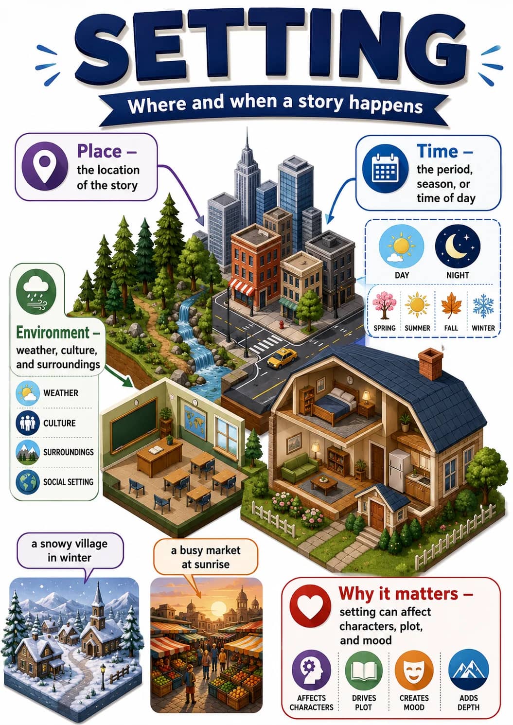 Setting infographic poster showing Where and when a story happens, Place –, the location, of the story and Time – for Literary Elements.