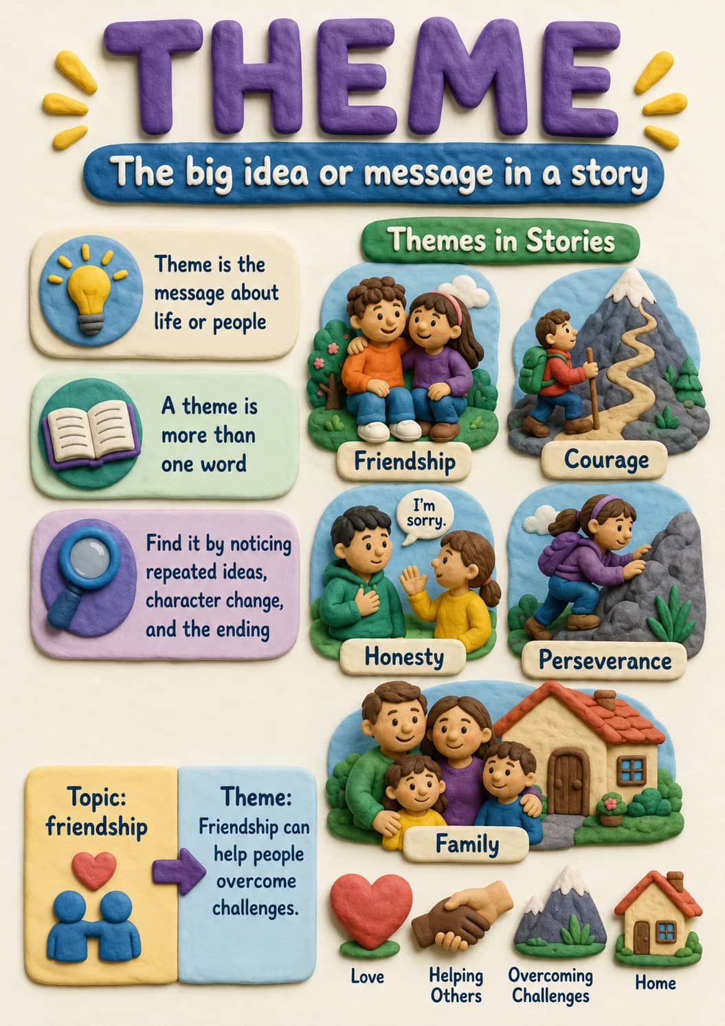 Theme infographic poster showing The big idea or message in a story, Themes in Stories, Theme is the message about life or people, A theme...