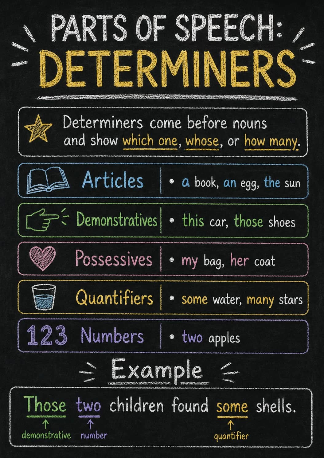Articles infographic poster showing PARTS OF SPEECH:, DETERMINERS, Determiners come before nouns and show which one, whose, or how many.,...