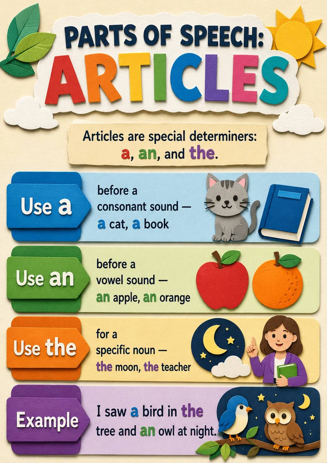 Parts of Speech: Articles infographic poster showing Articles are special determiners:, a , an , and the ., Use a, before a and consonant...