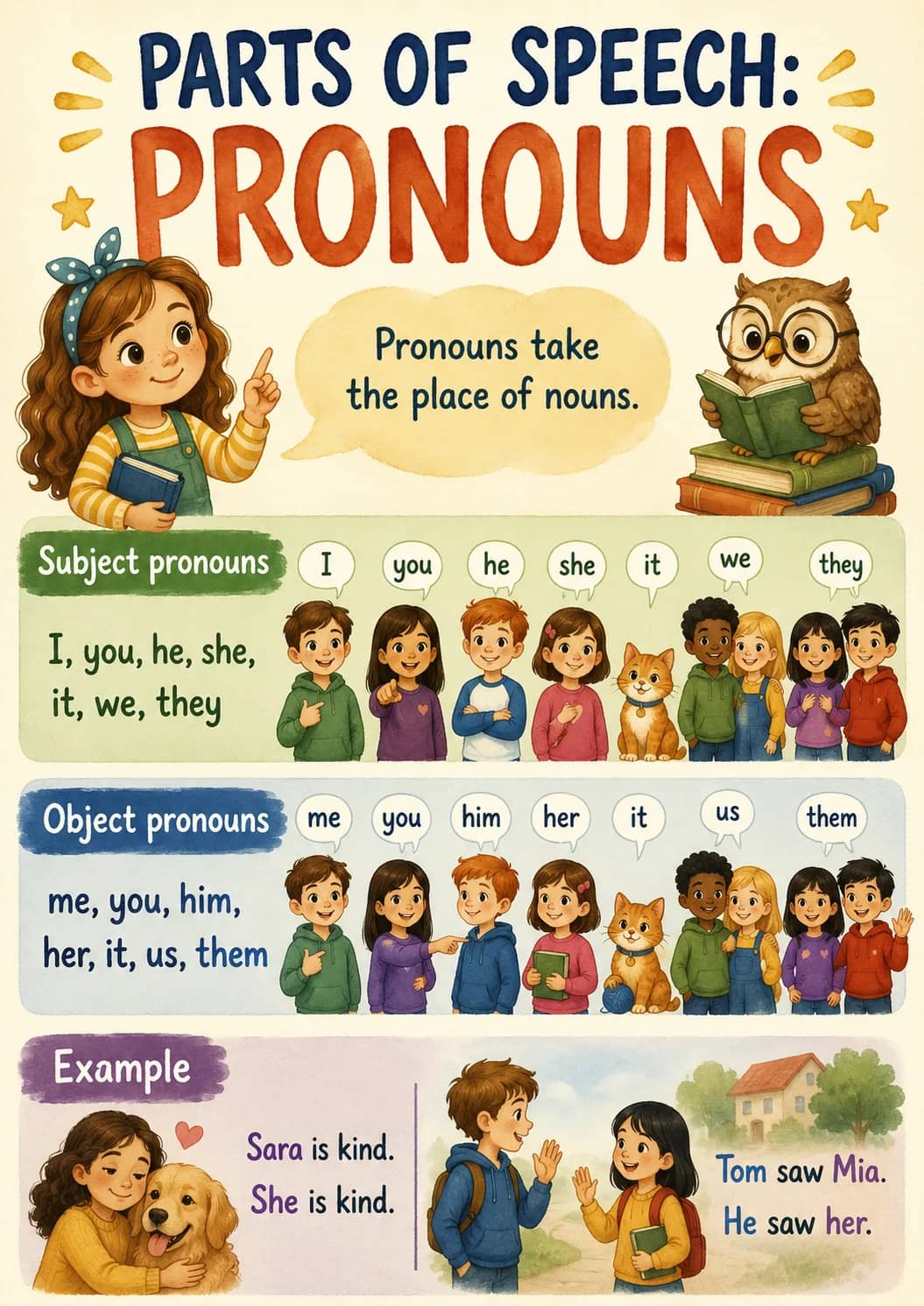 Parts of Speech: infographic poster showing PRONOUNS, Pronouns take, the place of nouns., Subject pronouns and I, you, he, she, for Parts...