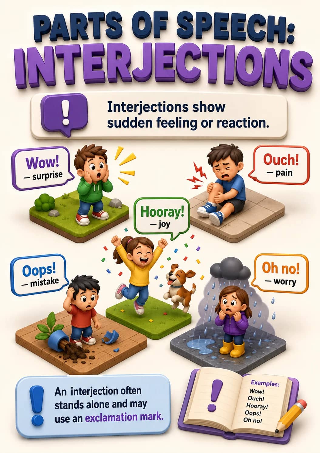 Parts of Speech: Interjections infographic poster showing Interjections show sudden feeling or reaction. for Parts of Speech.