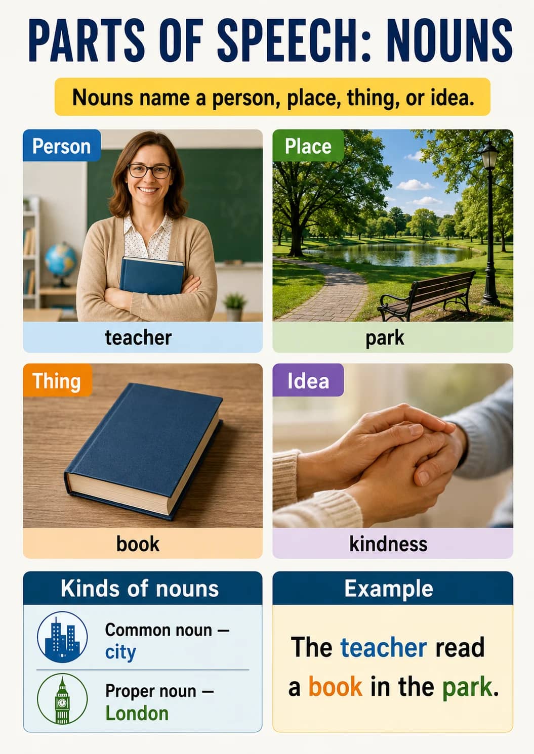 Parts of Speech: Nouns infographic poster showing Nouns name a person, place, thing, or idea., teacher, park, book and kindness for Parts...
