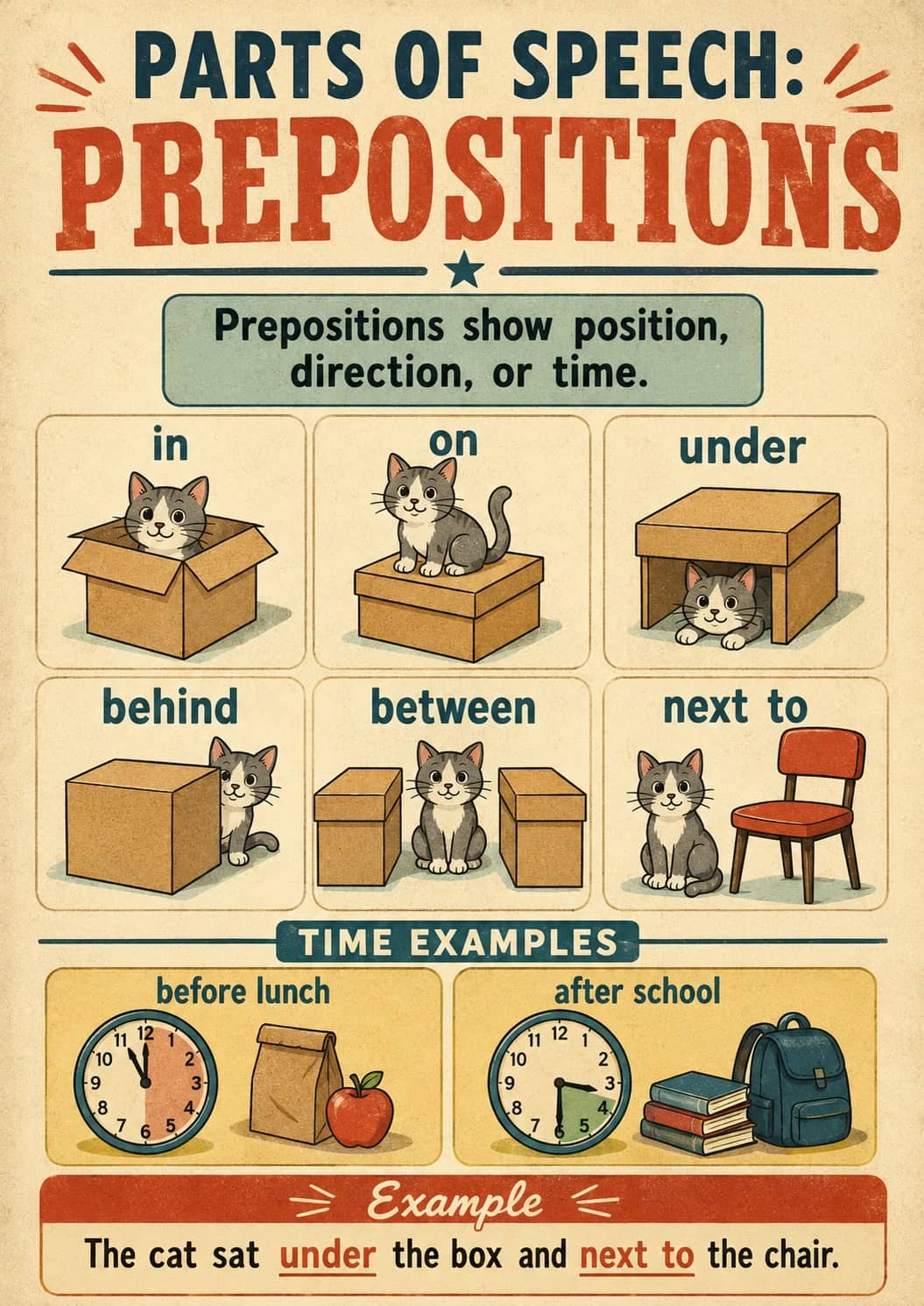 Parts of Speech: Prepositions infographic poster showing Prepositions show position, direction, or time., in, on, under and behind for...