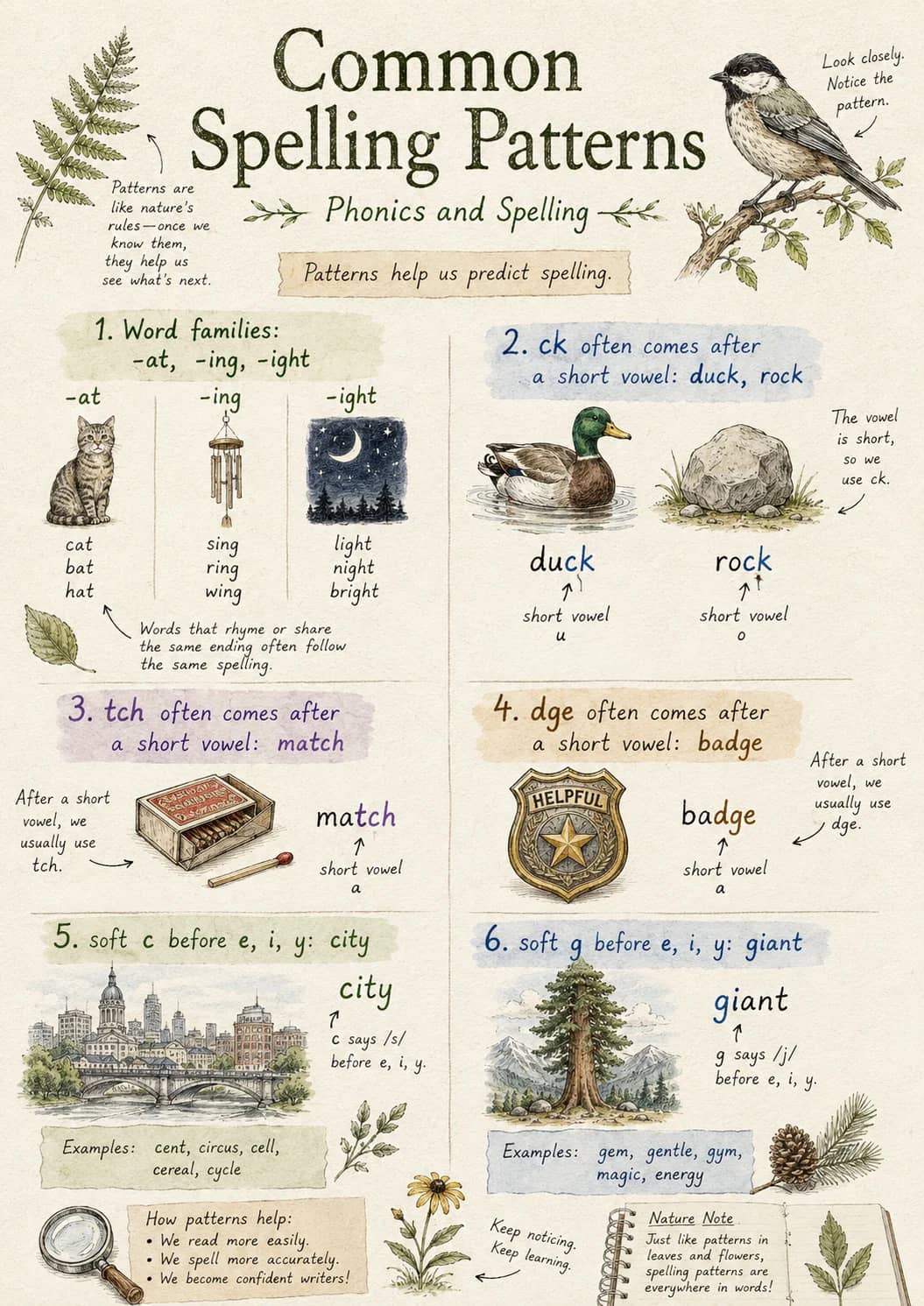 Common Spelling Patterns infographic poster showing Look closely., Notice the, pattern., Patterns are and like nature's for Phonics and...