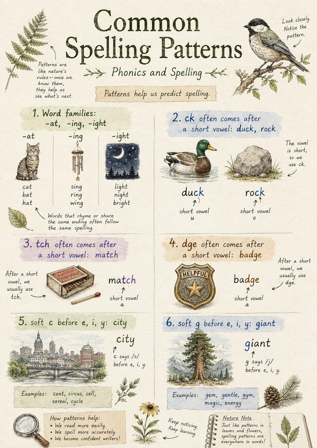 Common Spelling Patterns infographic poster with clear labels for Phonics and Spelling.