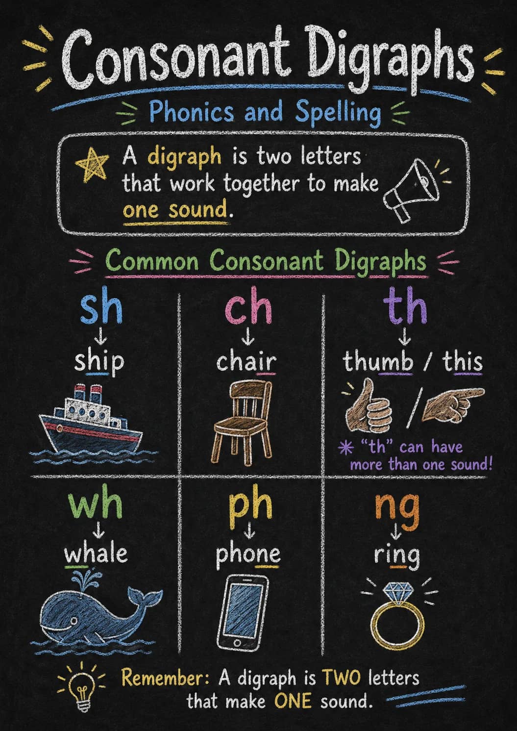 ≡ Consonant Digraphs ≡ infographic poster showing ≡ Phonics and Spelling ≡, A digraph is two letters that work together to make one...