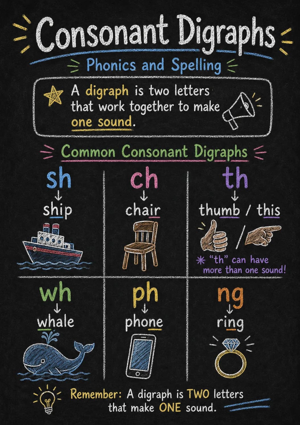 ≡ Consonant Digraphs ≡ infographic poster with clear labels for Phonics and Spelling.