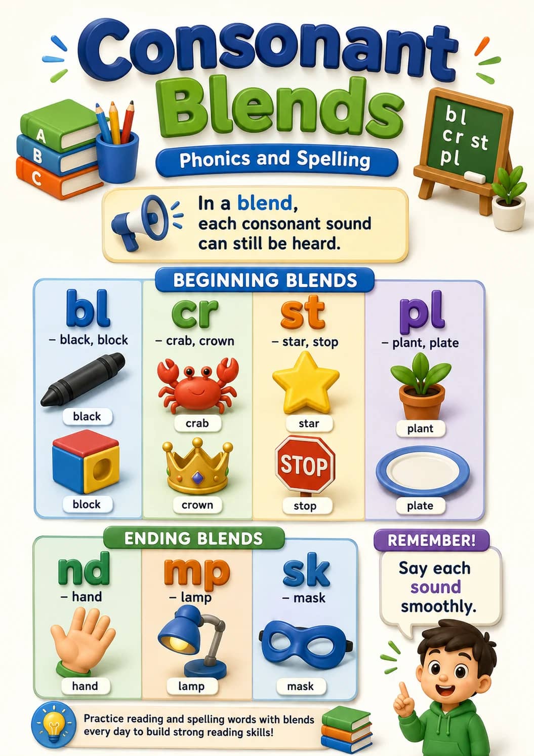 Consonant infographic poster showing Blends, In a blend,, each consonant sound, can still be heard. and BEGINNING BLENDS for Phonics and...