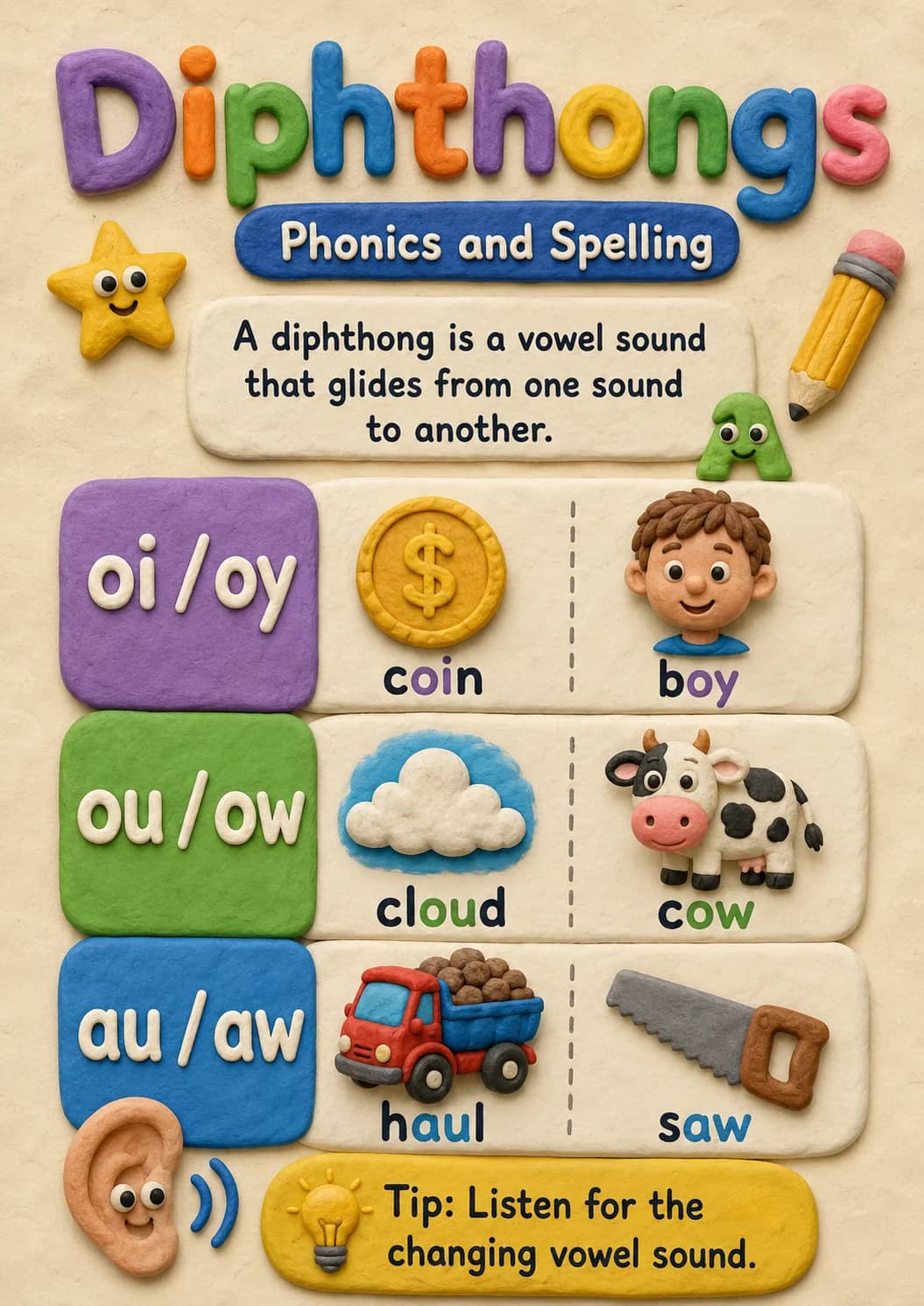 Diphthongs infographic poster showing A diphthong is a vowel sound that glides from one sound to another., oi / oy, coin, boy and ou / ow...