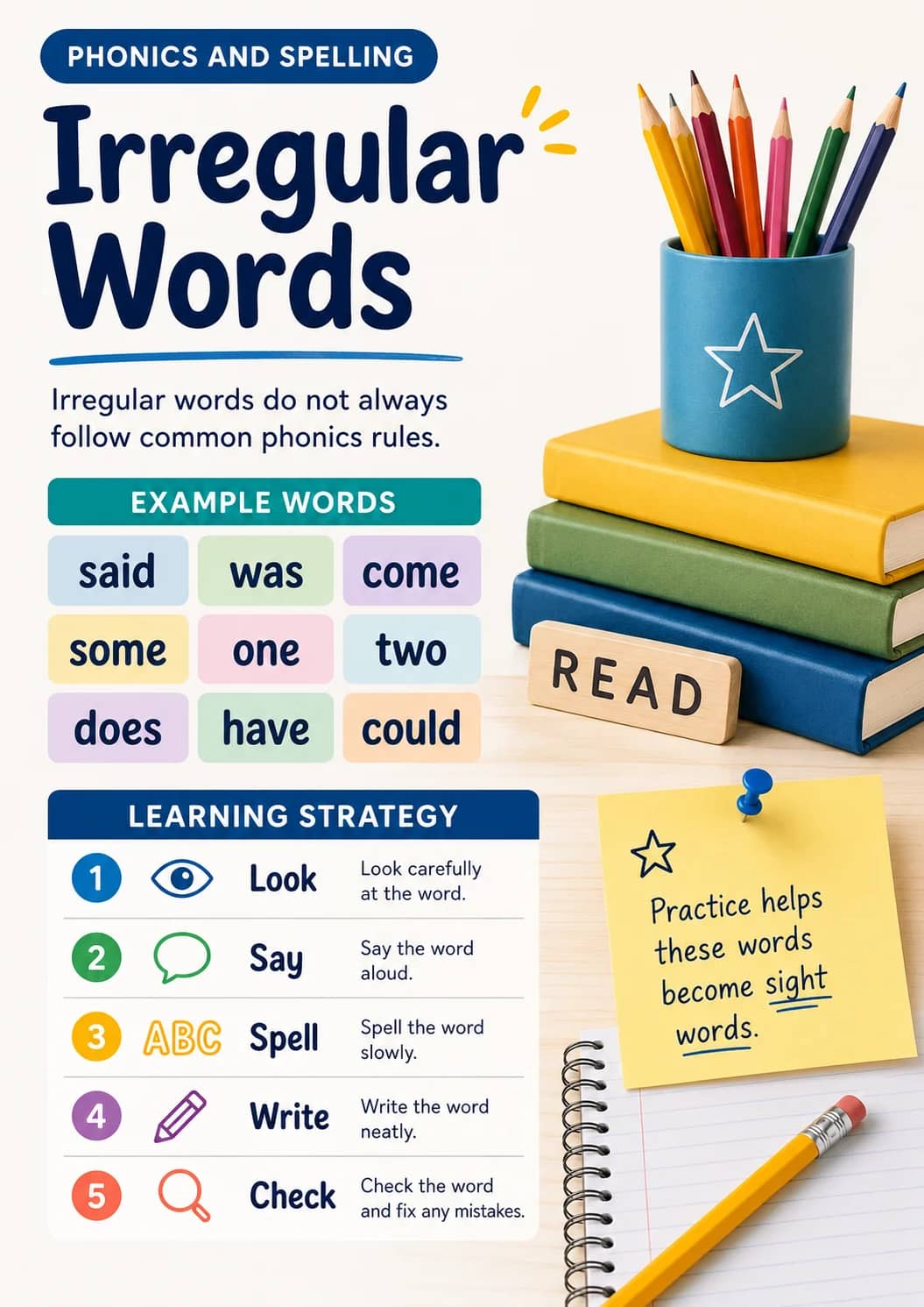 Phonics and Spelling infographic poster showing Irregular Words, Irregular words do not always follow common phonics rules., EXAMPLE...