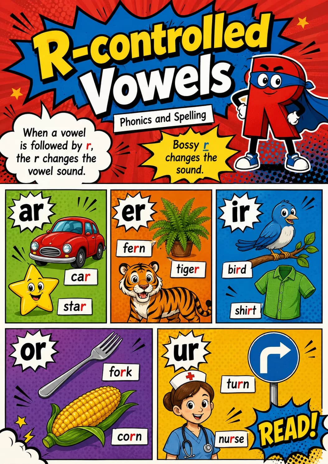 R-controlled Vowels infographic poster showing When a vowel is followed by r , the r changes the vowel sound. and Bossy r changes the...