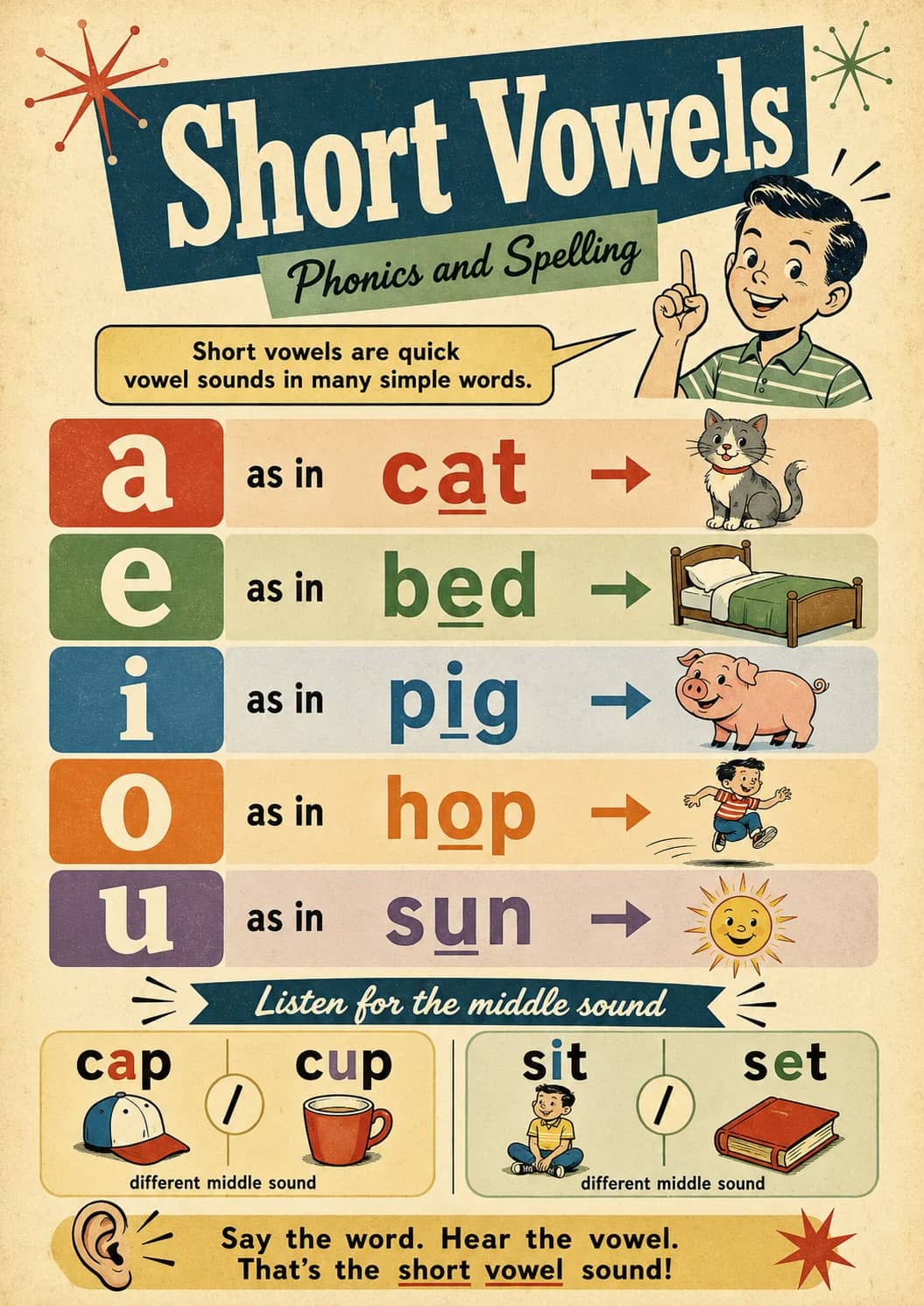 Short Vowels infographic poster showing Short vowels are quick vowel sounds in many simple words., as in, cat, bed and pig for Phonics and...