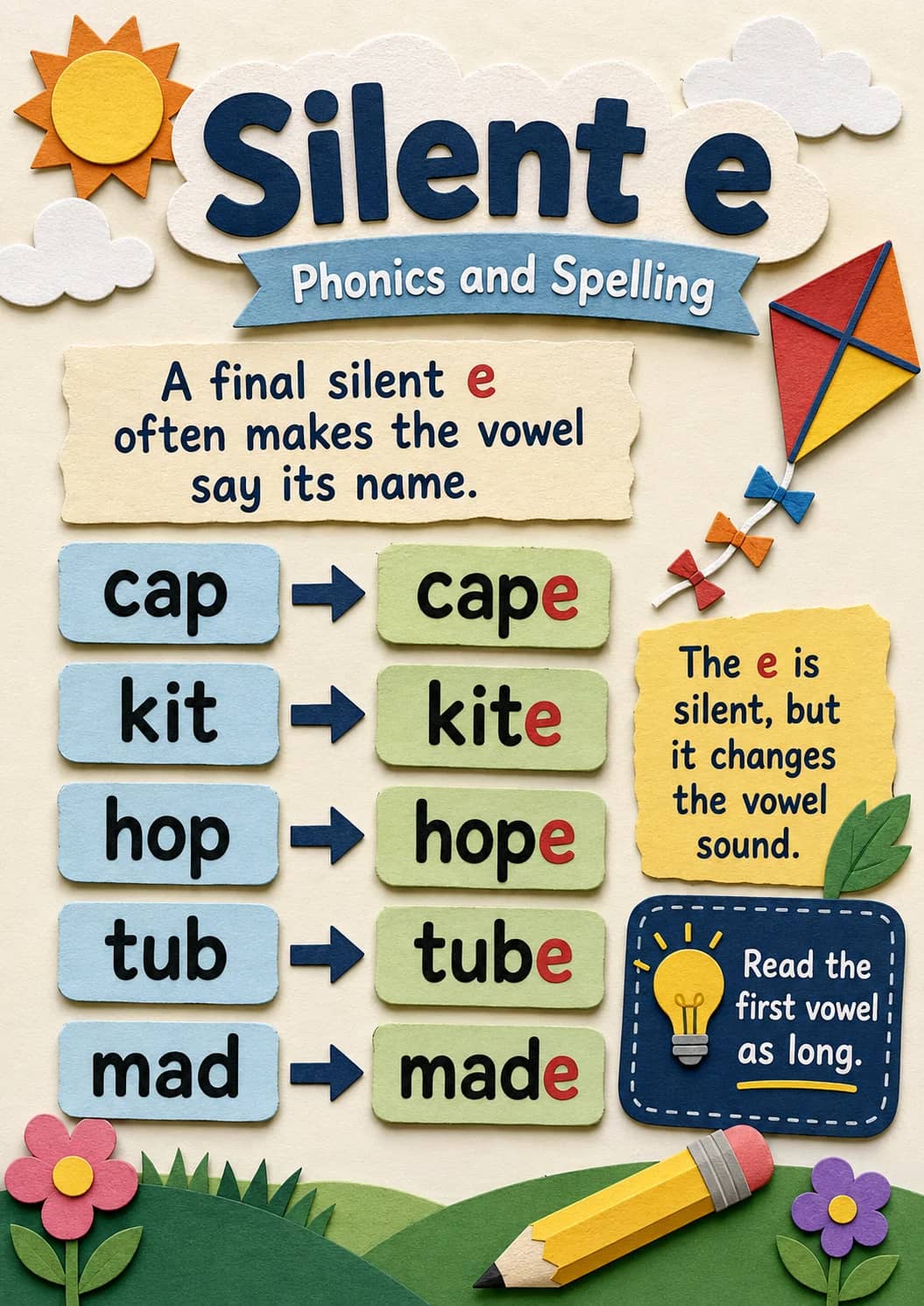 Silent E infographic poster showing A final silent e often makes the vowel say its name., cap → cape, kit → kite, hop → hope and tub →...