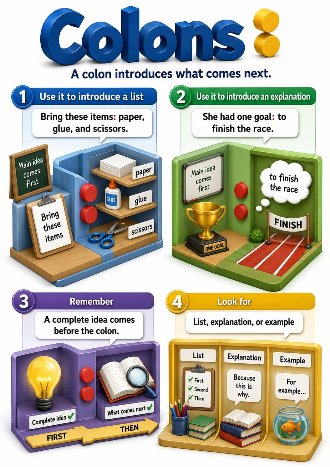 Colons infographic poster showing A colon introduces what comes next., 1 Use it to introduce a list, Bring these items: paper, glue, and...
