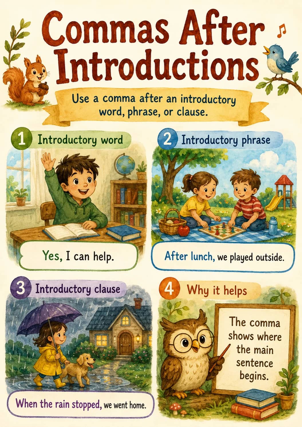 Commas After Introductions infographic poster showing Use a comma after an introductory word, phrase, or clause., 1 Introductory word,...