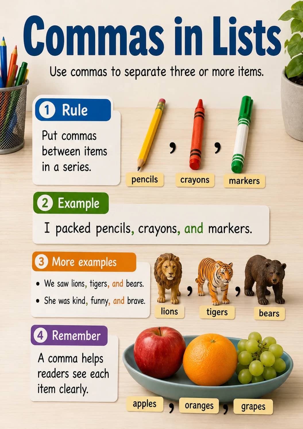 Commas in lists infographic poster showing Use commas to separate three or more items., 1 Rule, Put commas between items in a series.,...