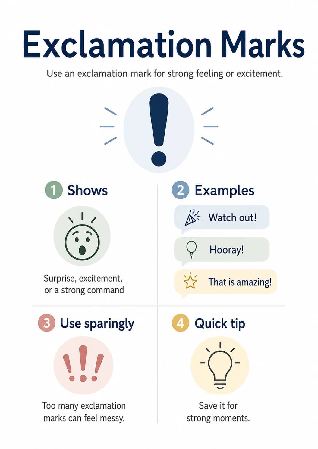 Exclamation Marks infographic poster showing Use an exclamation mark for strong feeling or excitement., 1 Shows, Surprise, excitement, or...