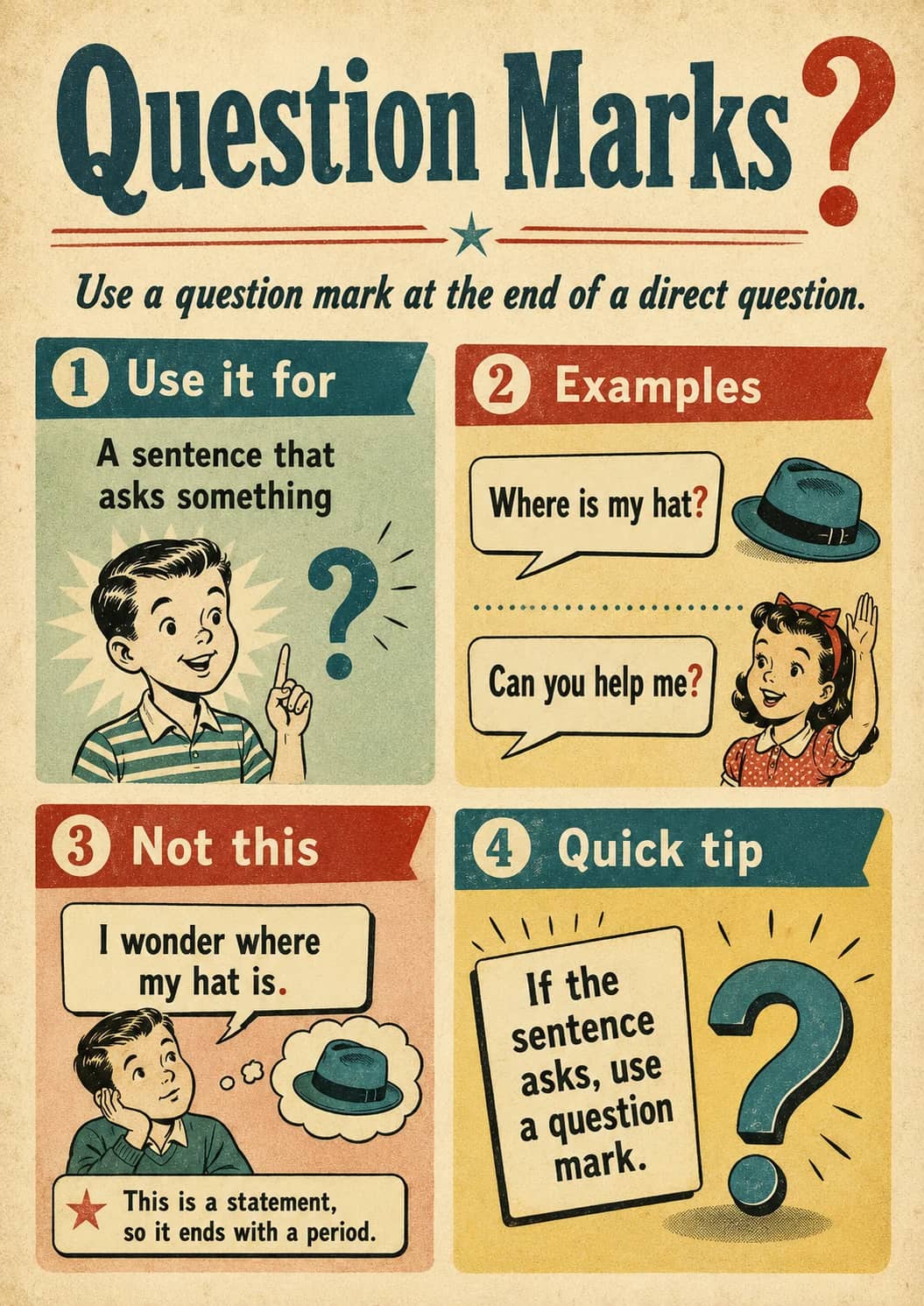 Question marks infographic poster showing Question Marks?, Use a question mark at the end of a direct question., 1 Use it for, A sentence...