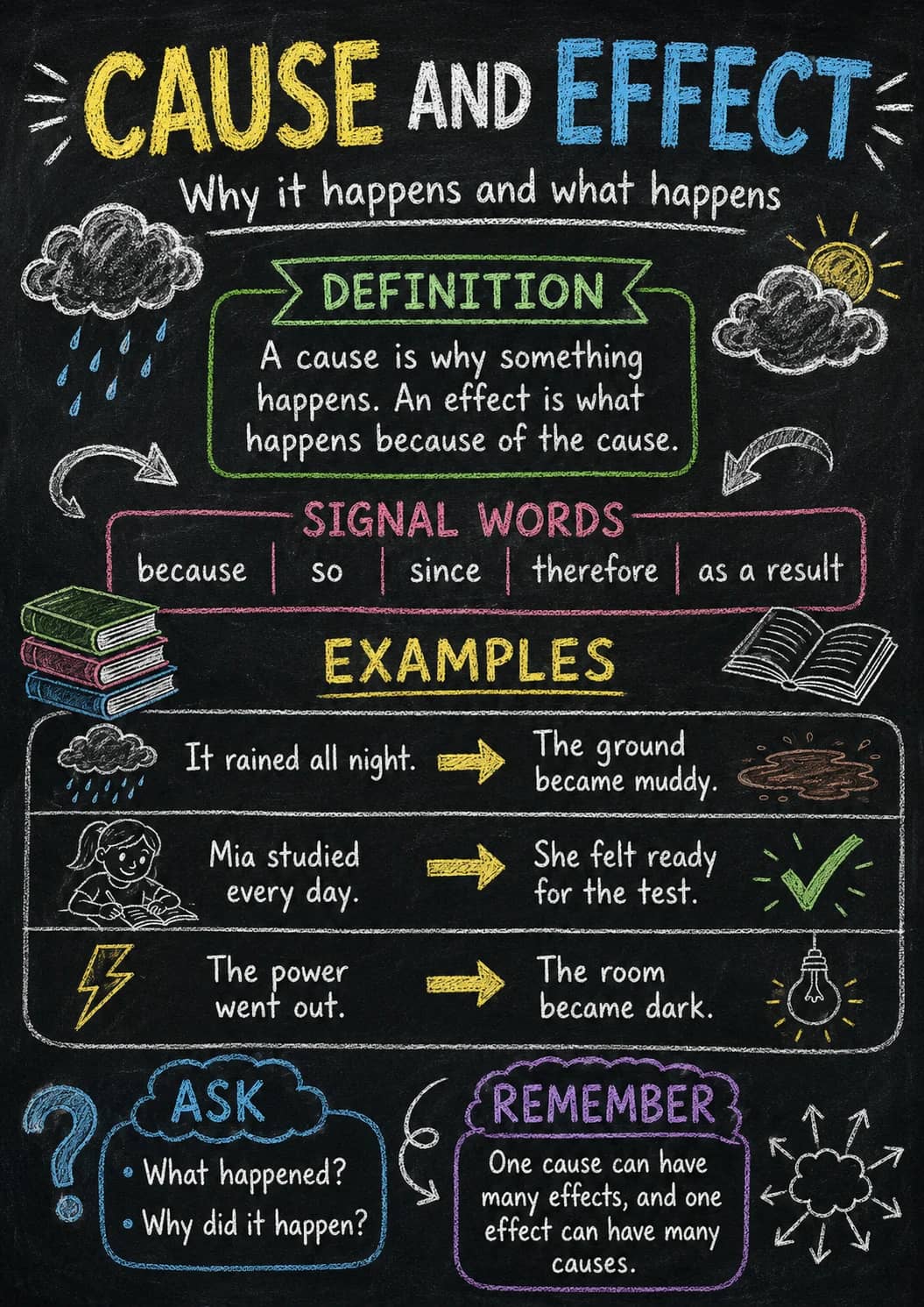 Cause and Effect infographic poster showing Why it happens and what happens, SIGNAL WORDS, because, so and since for Reading.